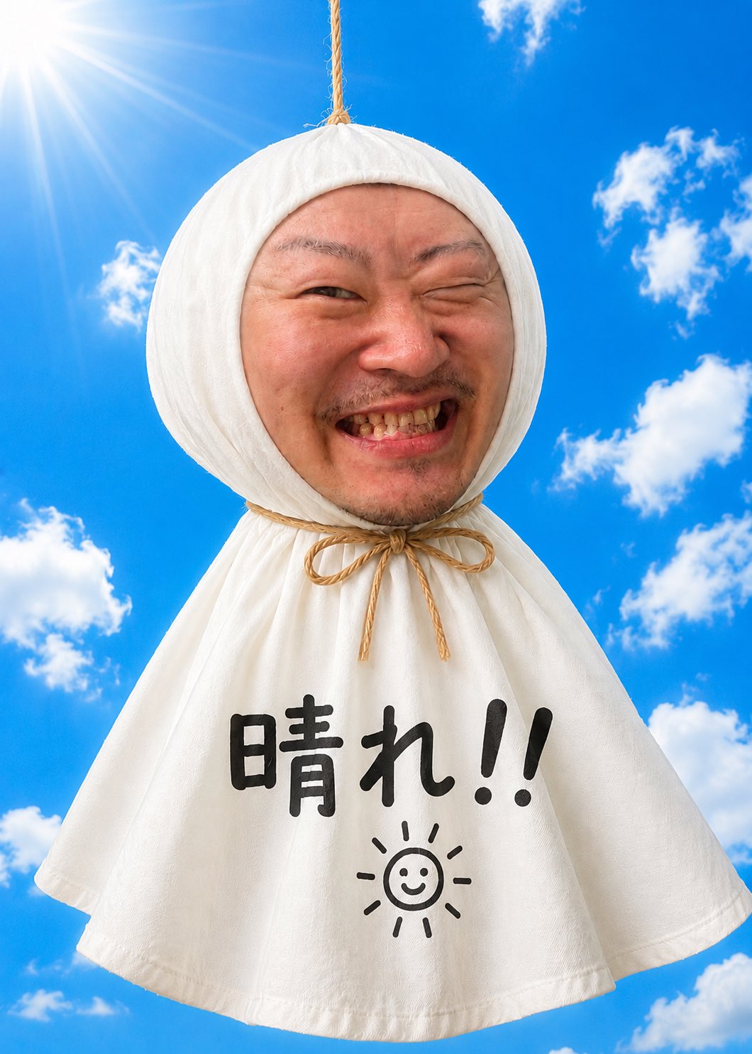 Smiling man in a white hooded cape tied with a rope, suspended outdoors against a bright blue sky with a sun drawing and the Japanese text '晴れ!!' on the cape.
